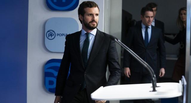 El presidente del Partido Popular, Pablo Casado, en rueda de prensa