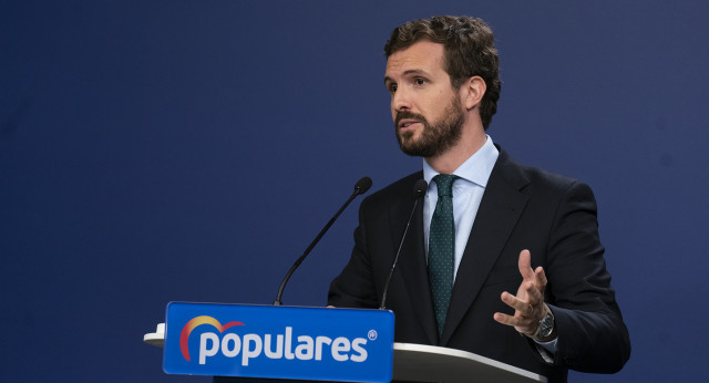 El presidente del Partido Popular, Pablo Casado, en rueda de prensa