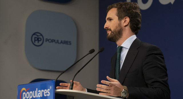 El presidente del Partido Popular, Pablo Casado, en rueda de prensa