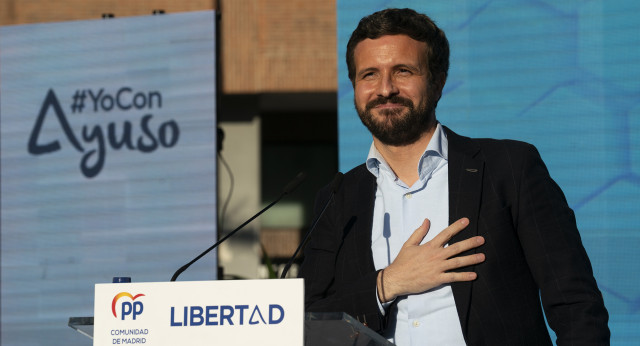 El presidente del Partido Popular, Pablo Casado, en el acto de inicio de campaña de las elecciones a la CAM