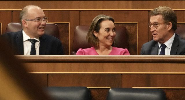 Alberto Núñez Feijóo, Cuca Gamarra y Miguel Tellado en el Pleno del Congreso de los Diputados